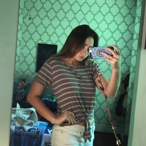 Gray and white stripped shirt with a tie